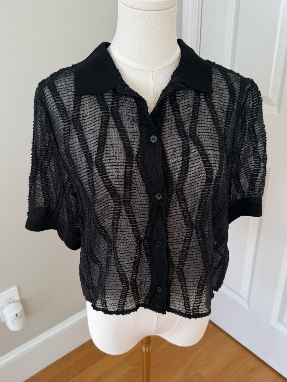 NWT Zara Cropped Black Sheer Short Sleeve Button-Down Shirt